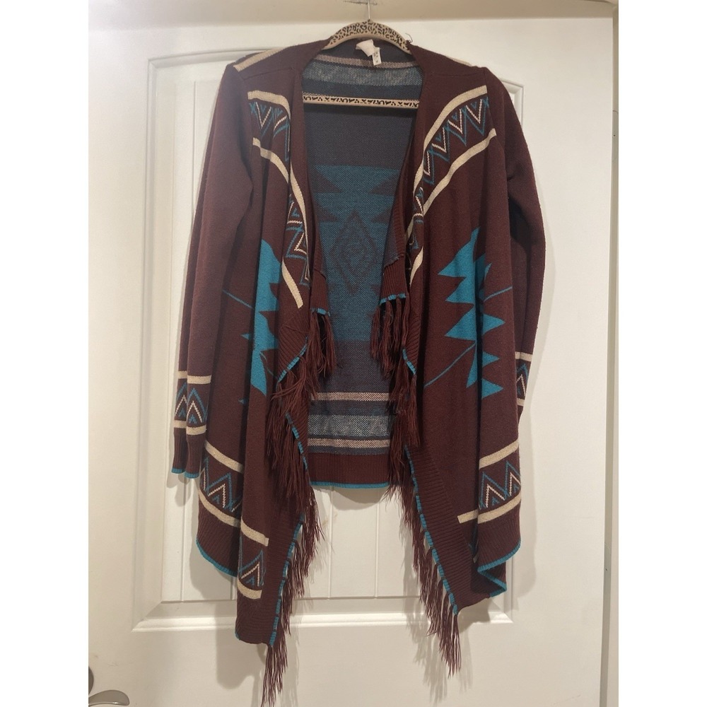 Womens Cardigan Shawl Wrap Poncho Size Medium Aztec Boho Fringe Western